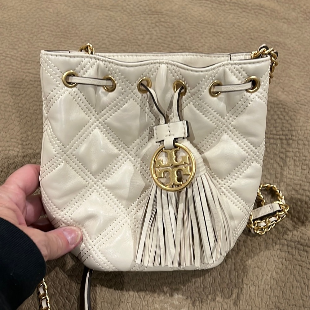 Tori Burch Fleming soft mini bucket bag in cream
